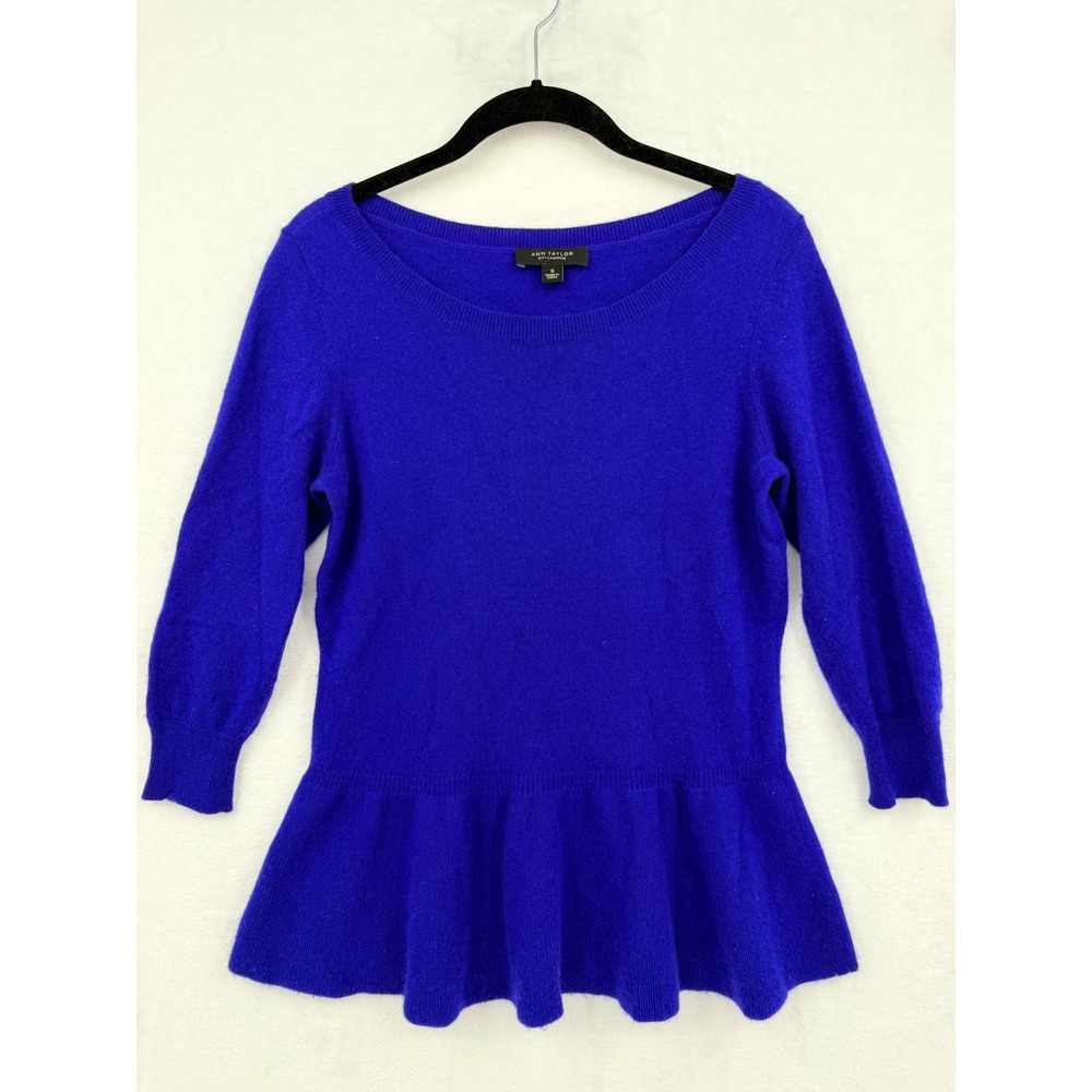 Ann Taylor Y2K Cashmere Cobalt Blue Peplum Sweater Scoop Neck 3/4 Sleeve Small